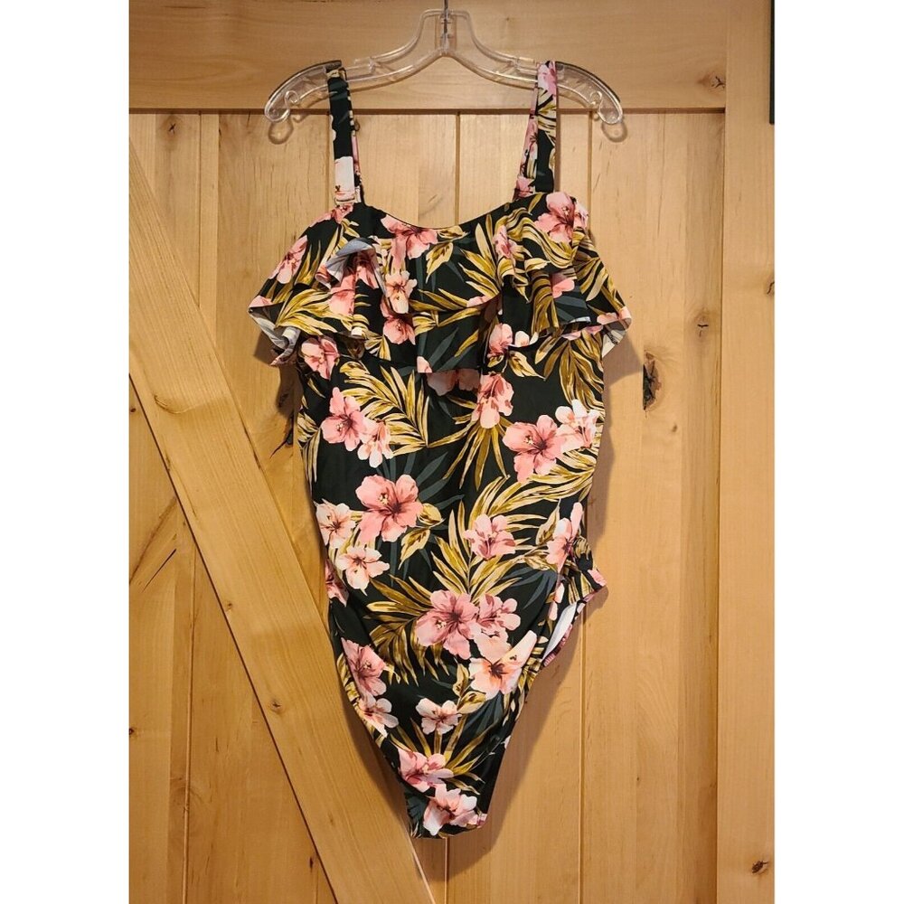 Kona Sol Size 24W Black Pink Tropical Ruffle Spaghetti Straps One-Piece Swimsuit